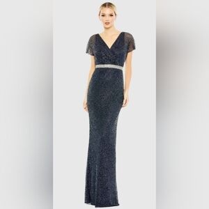 MAC DUGGAL 93678 Navy Beaded Short Sleeve Column Gown Sz 8 NWT FLAWED DRESS MAXI